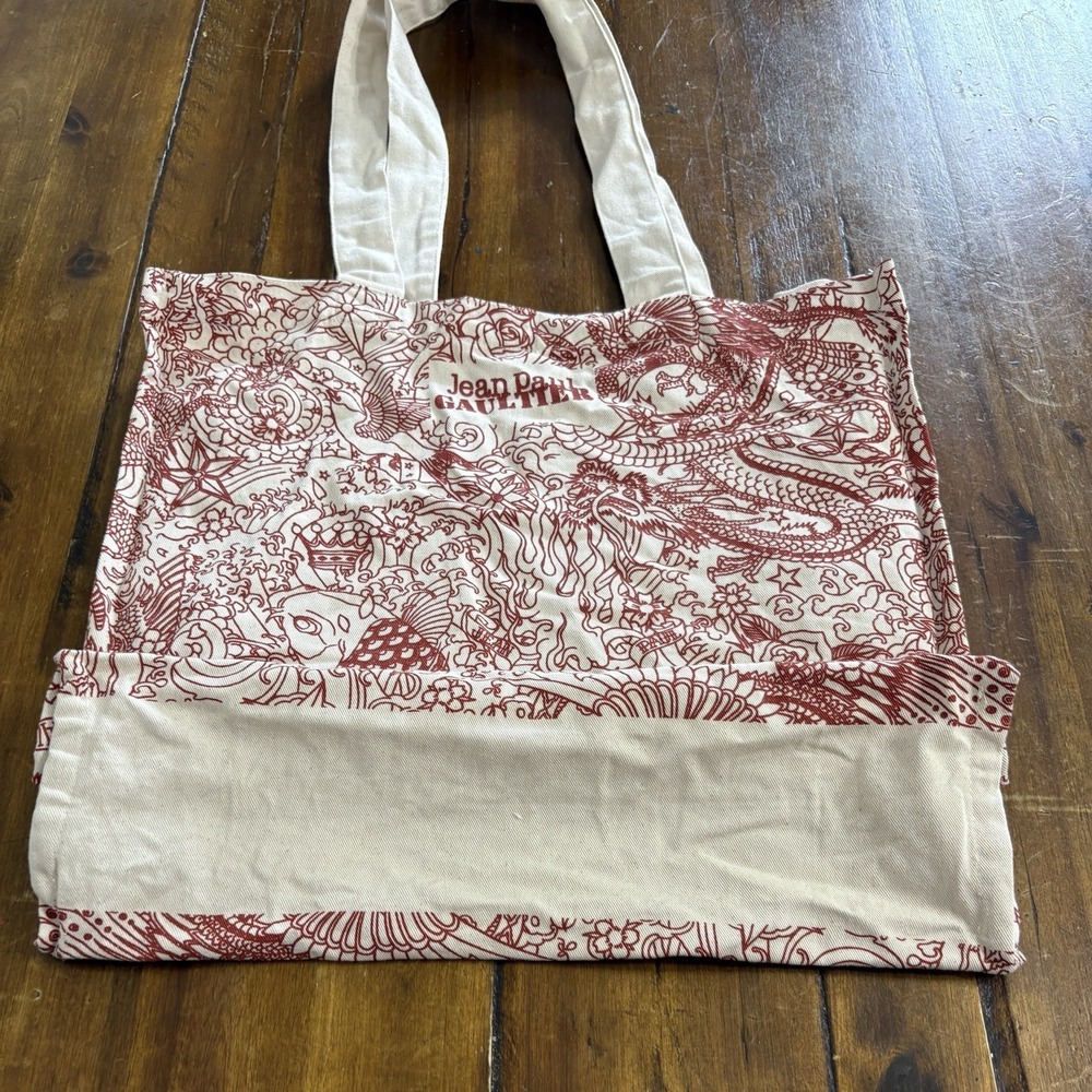 Jean Paul Gaultier Tattoo Style Tote Bag Red & Beige Canvas Shoulder Woven - Picture 4 of 12
